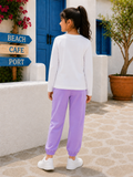 Trampoline Girls Cotton Blend Bubble Strawberry Milk Print T-Shirt & Sweatpants Set – White & Purple
