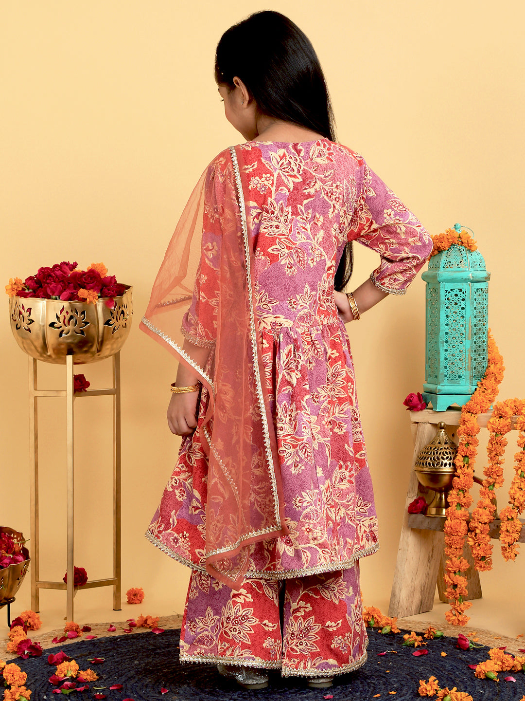 Trampoline Girls Floral Printed Kurta & Palazzo Set With Dupatta