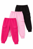 Trampoline Girls Knit Pack Of 3 Solid Cargo Joggers With Pockets - Multi Colour