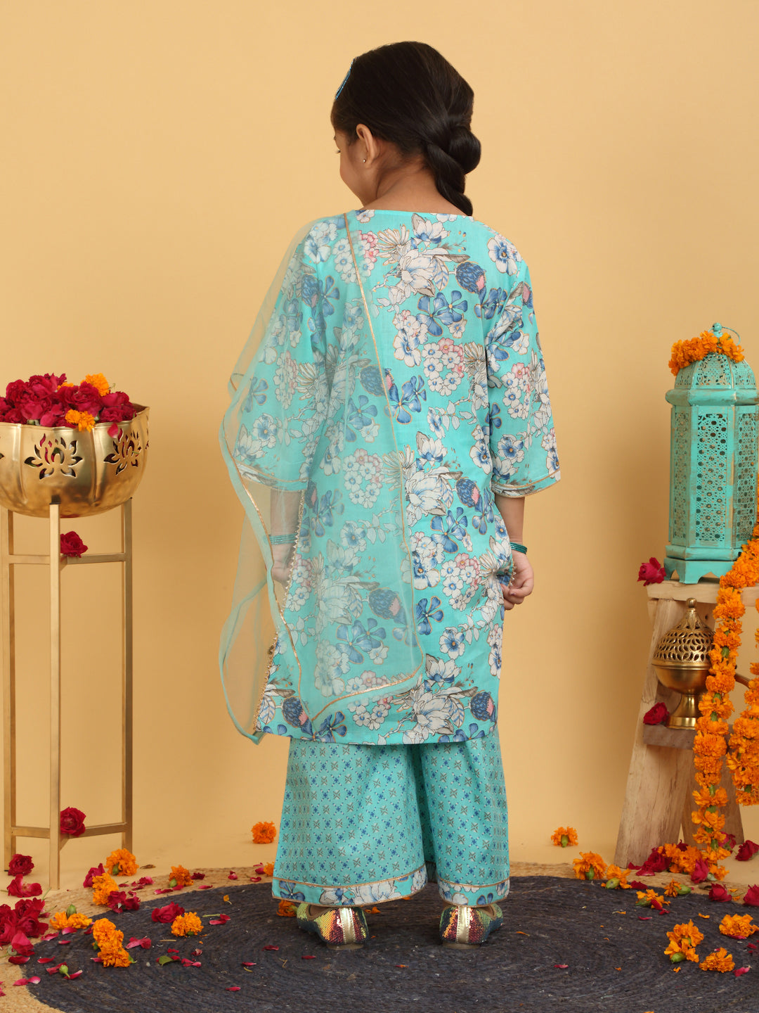 Trampoline Girls Floral Printed Kurta & Palazzo Set With Dupatta