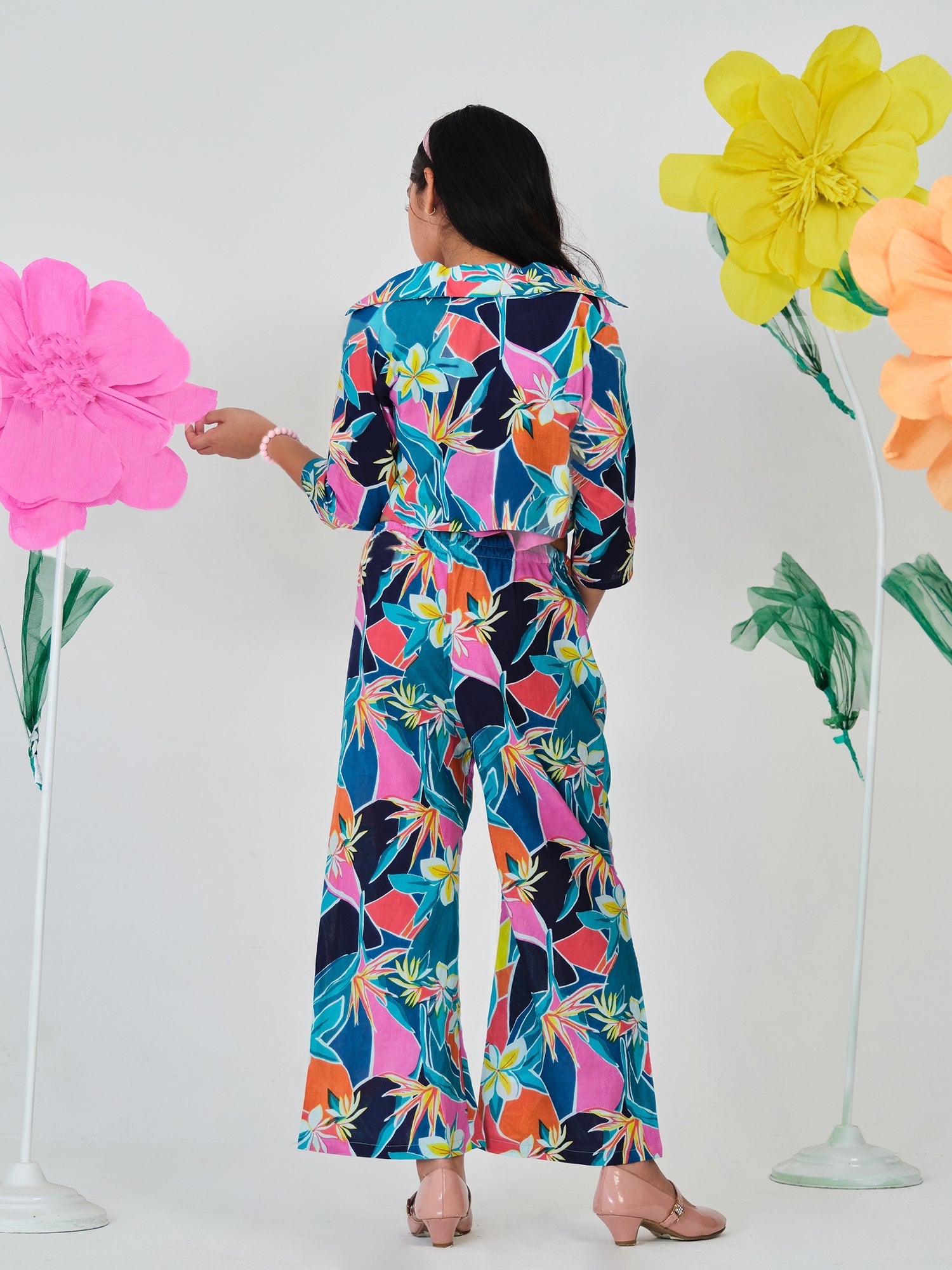 Trampoline Cotton Woven Bold Printed Spaghetti Top, Palazzo & Jacket - Multicolour