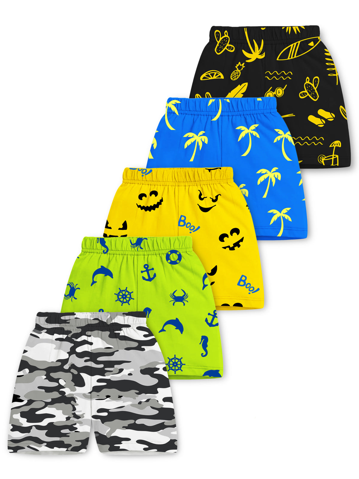 Trampoline Cotton Blend Knit Pack Of 5 Camouflage & Graphic Printed Shorts - Multi Color