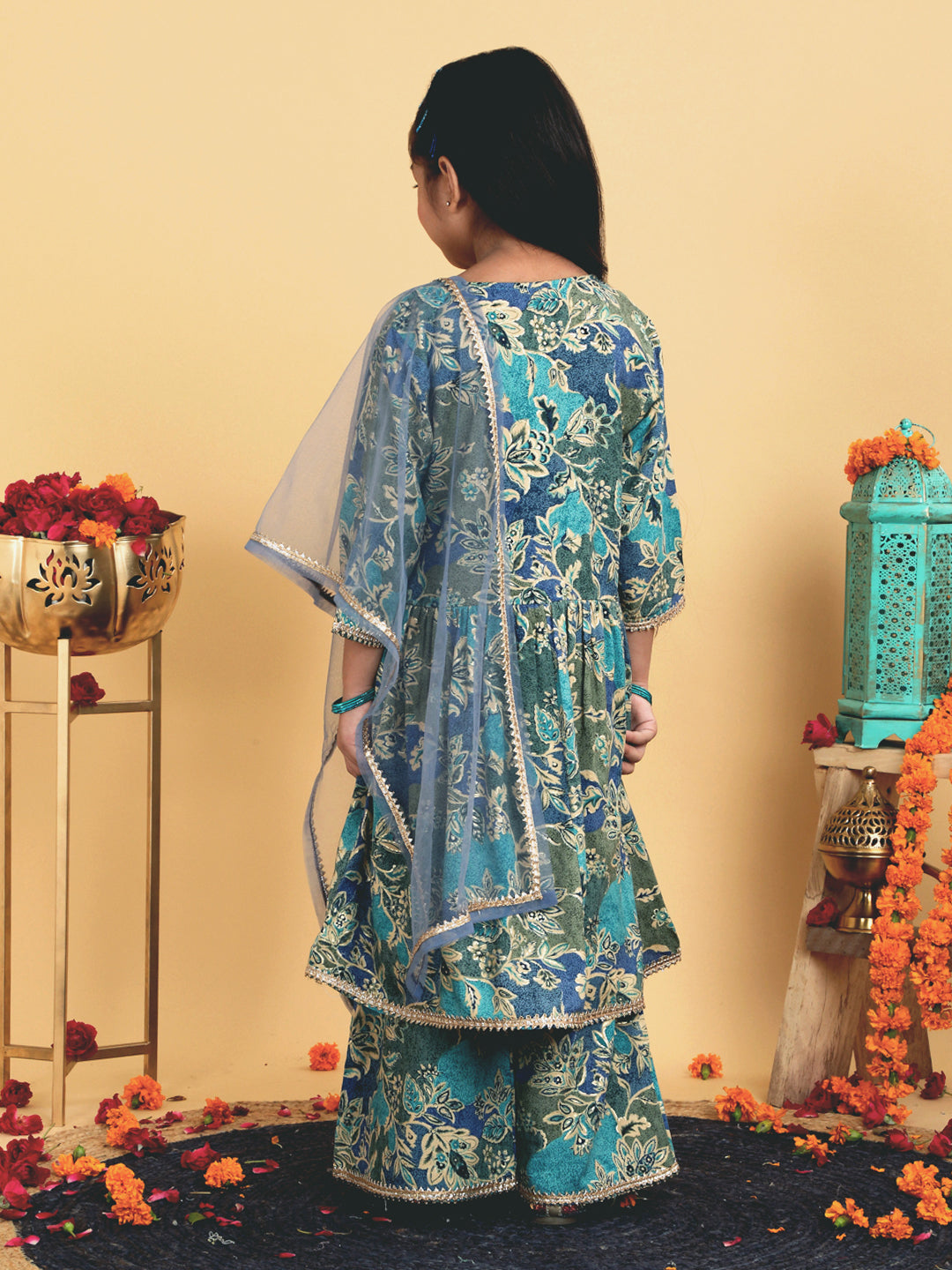 Trampoline Girls Floral Printed Kurta & Palazzo Set With Dupatta
