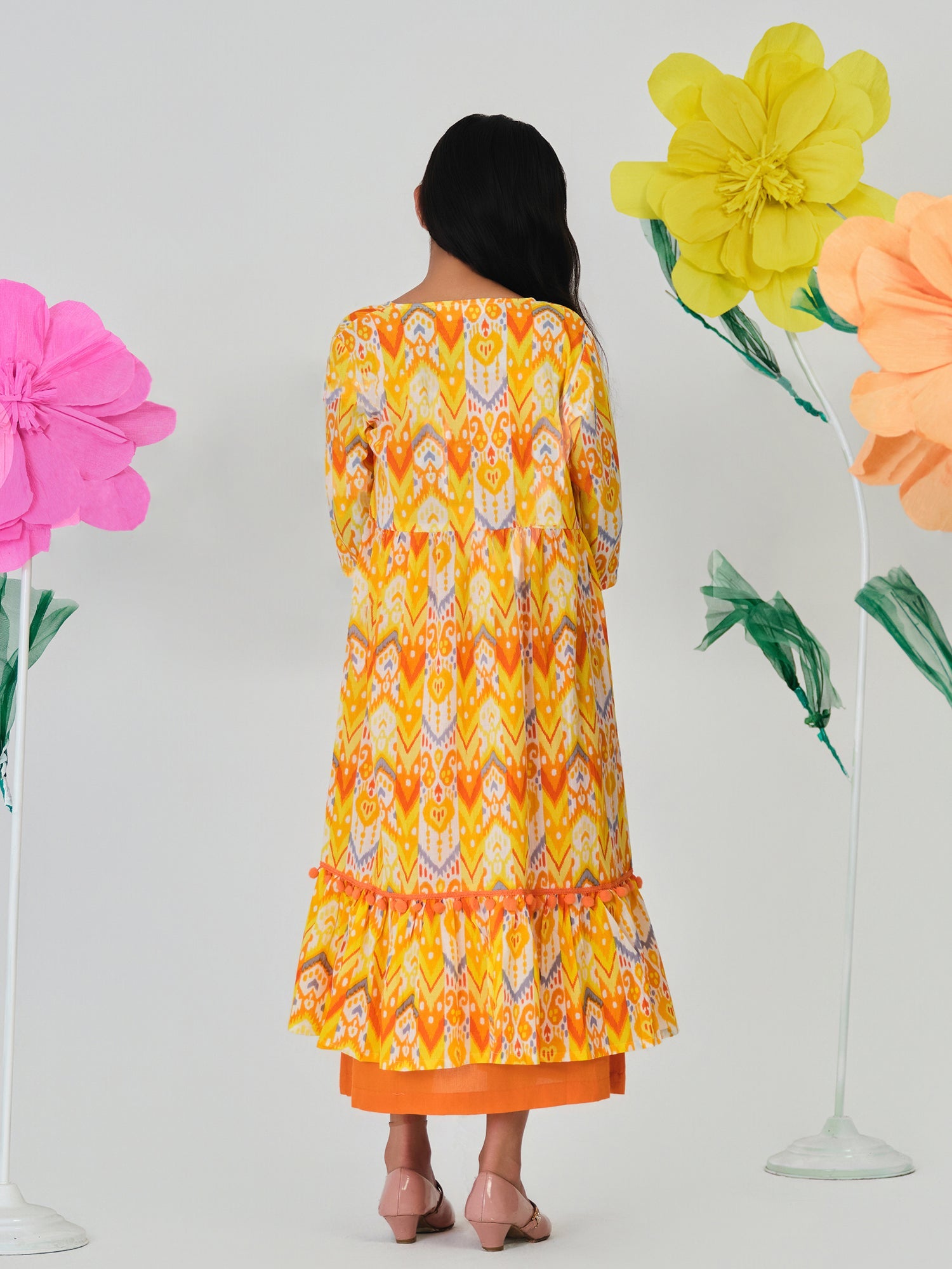 Trampoline Cotton Woven Floral Printed Dress With Three Fourth Sleeves Shrug - Orange