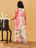 Trampoline Cotton Woven Sleeveless Floral Printed Kurta & Sharara With Dupatta - Red & White