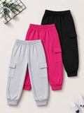 Trampoline Girls Solid Cargo Joggers with 4 Pockets – Pack of 3 (Grey, Pink & Black)
