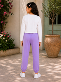 Trampoline Girls Cotton Blend Butterfly Print Crop Top with Sweatpants Set – White & Purple