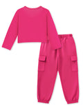 Trampoline Knit Terry loop Full Sleeves Text Printed Crop Top With Coordinating Track Pant Set - Pink