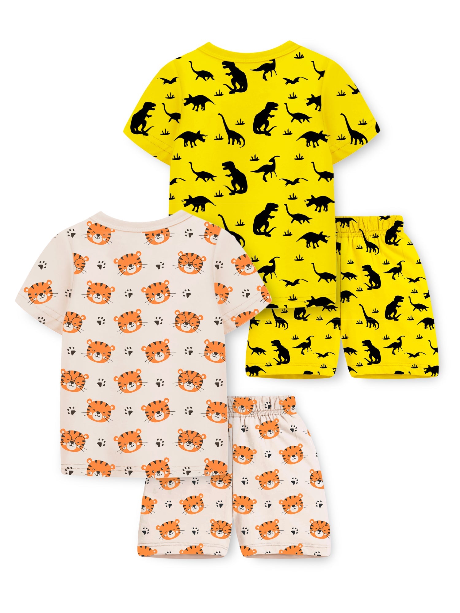Trampoline Cotton Blend Knit Pack of 2 Half Sleeves Dinosaur & Tiger Printed T-shirt & Shorts Set - White & Yellow