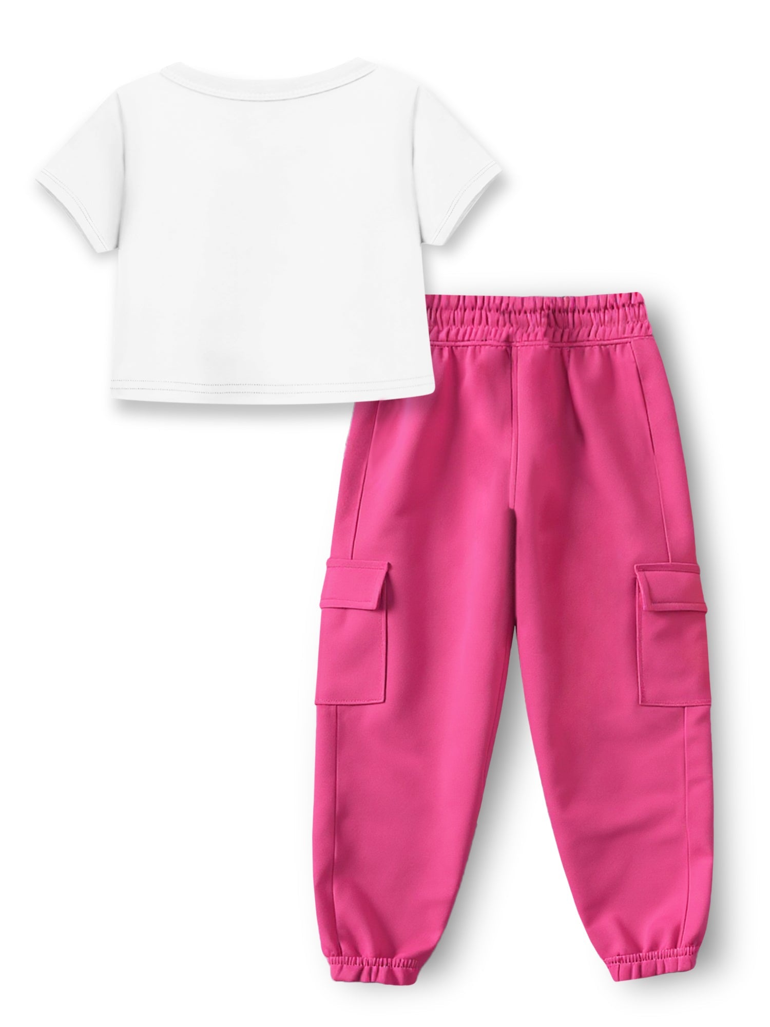 Trampoline Knit Be Happy Print Cotton Blend Crop Top & Solid Cotton Terry Loop Cargo Jogger Set – White & Pink