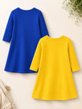 Trampoline Girls Cotton Blend Cute Kitty & Girl Print Dress – Pack of 2 (Navy Blue & Yellow)