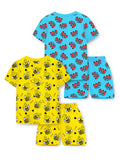 Trampoline Cotton Blend Knit Pack of 2 Half Sleeves Fire Truck & Bee Printed T-shirt & Shorts Set - Yellow & Blue