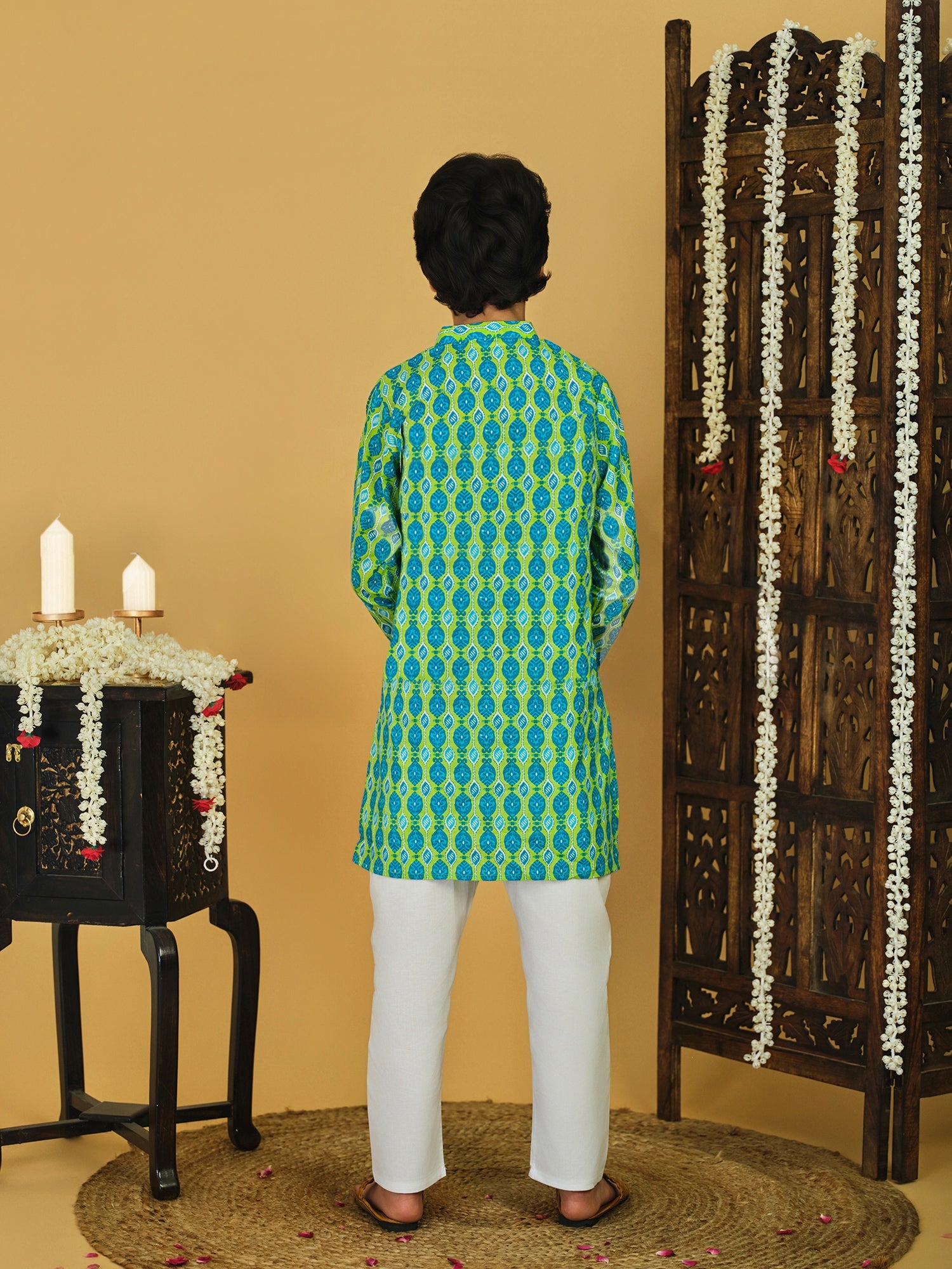 Trampoline Woven Cotton Full Sleeves Geometric Printed Kurta Pajama Set - Yellow