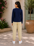 Trampoline Girls Cotton Blend Printed T-Shirt with 4 Pocket Cargo Jogger – Navy Blue & Beige