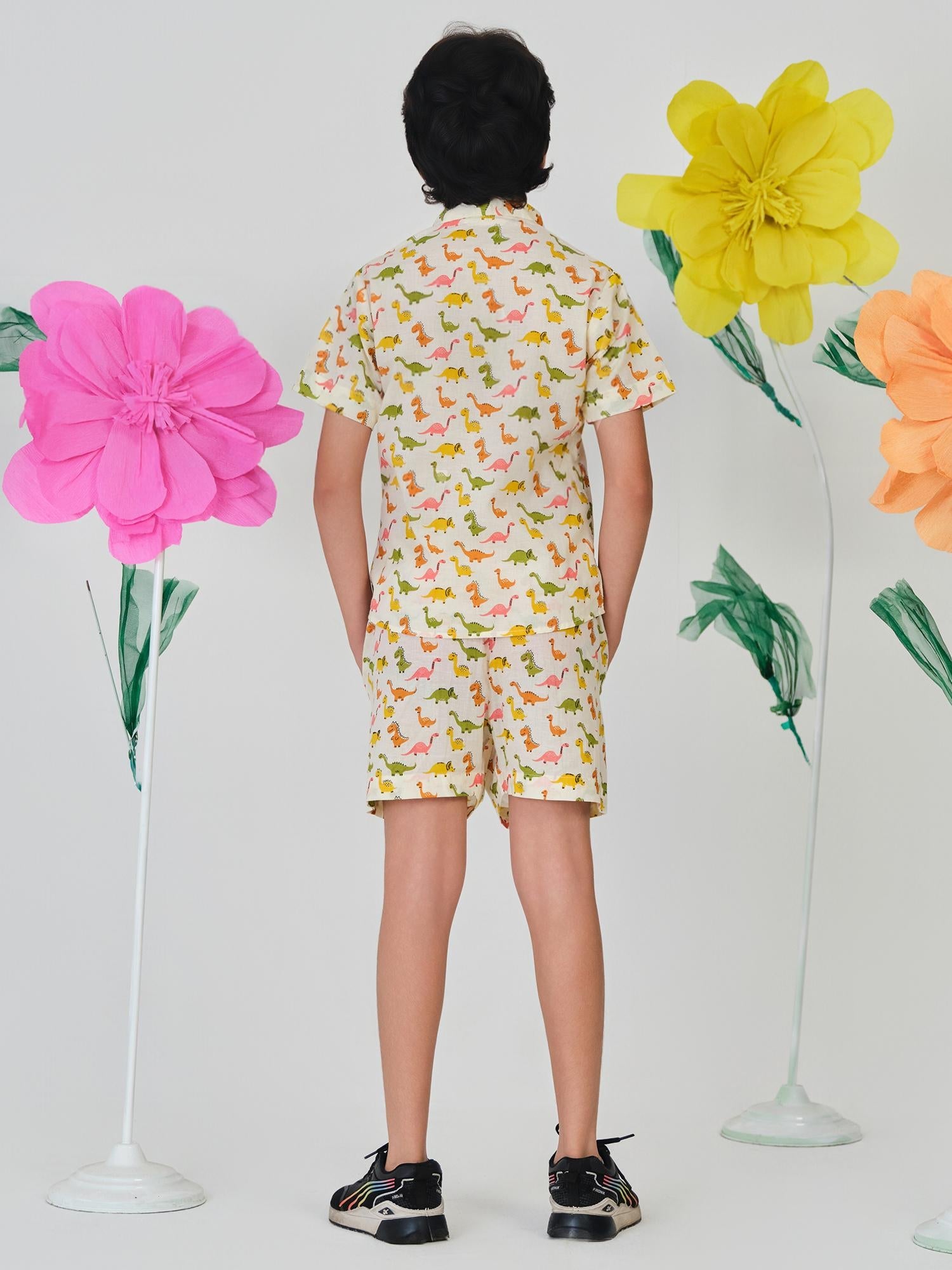 Trampoline Woven Cotton Half Sleeves Dinosaur Print Shirt and Shorts Set - Multicolor