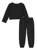 Trampoline Cotton Blend Knit Full Sleeves Queen Text Printed Crop Top & Coordinating Joggers Set - Black