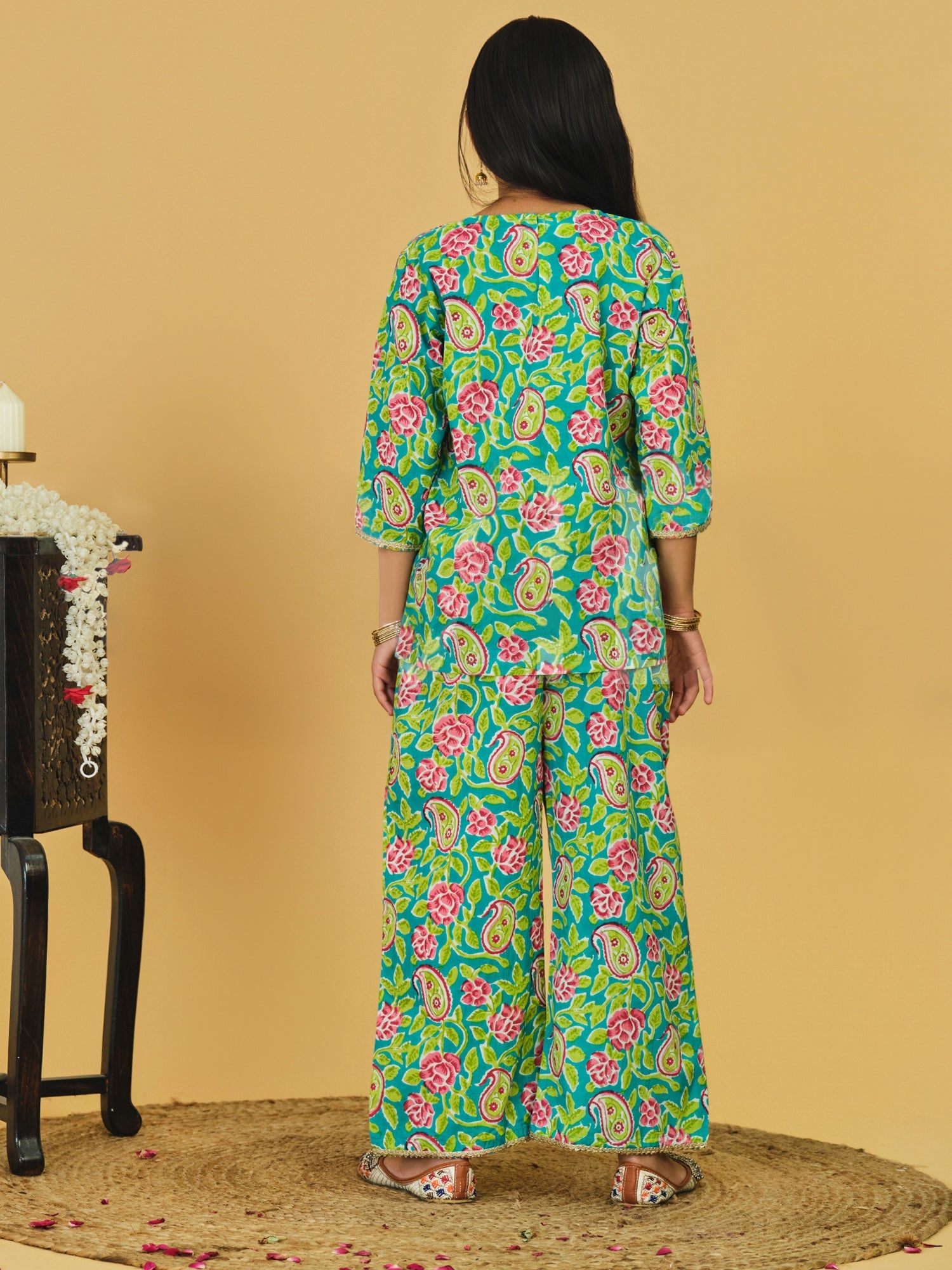 Trampoline Cotton Woven Floral Printed Cord Set with Palazzo - Multicolour