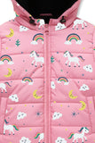 Trampoline Knit Full Sleeves All Over Unicorn Printed Puffer Winter Jacket With 2 Front Pockets - Pink