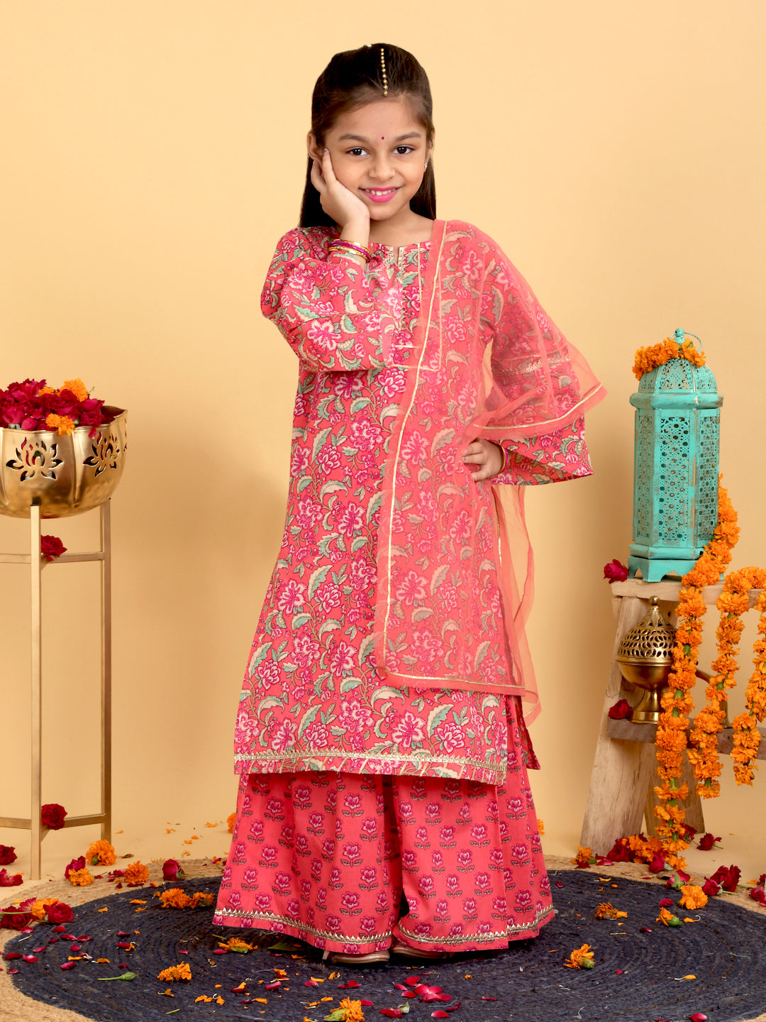 Trampoline Girls Floral Printed Kurta & Sharara Set With Dupatta