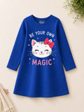 Trampoline Girls Cotton Blend Cute Kitty & Girl Print Dress – Pack of 2 (Navy Blue & Yellow)