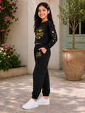 Trampoline Girls Cotton Blend Queen Print Crop Top with Sweatpants Set – Black