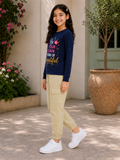 Trampoline Girls Cotton Blend Printed T-Shirt with 4 Pocket Cargo Jogger – Navy Blue & Beige