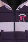 Trampoline Knit Full Sleeves Colorblock Puffer Winter Jacket With 2 Front Pockets - Purple