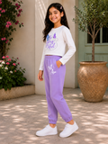 Trampoline Girls Cotton Blend Butterfly Print Crop Top with Sweatpants Set – White & Purple