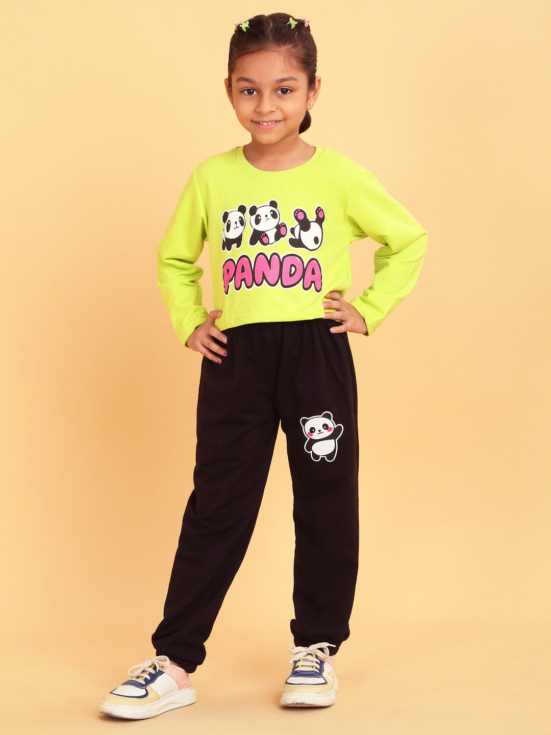 Trampoline Girls Green & Black Printed Crop Top with Trackpant