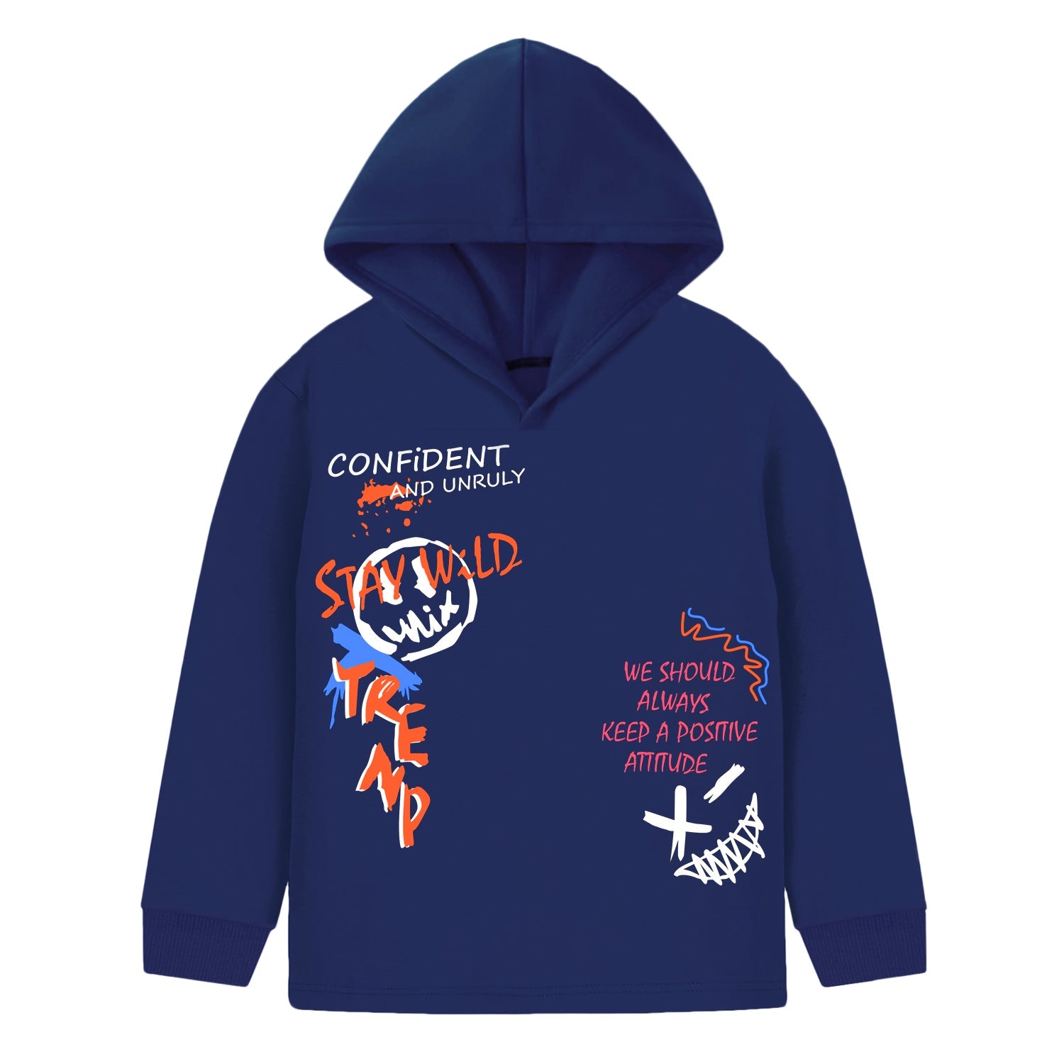 Trampoline Cotton Blend Knit Full Sleeves Typography Printed Hooded Tee With Track Pants Set - Blue