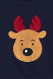 Trampoline Fleece Knit Christmas Theme Sweatshirt With Cute Embroidered Reindeer Patch - Navy Blue