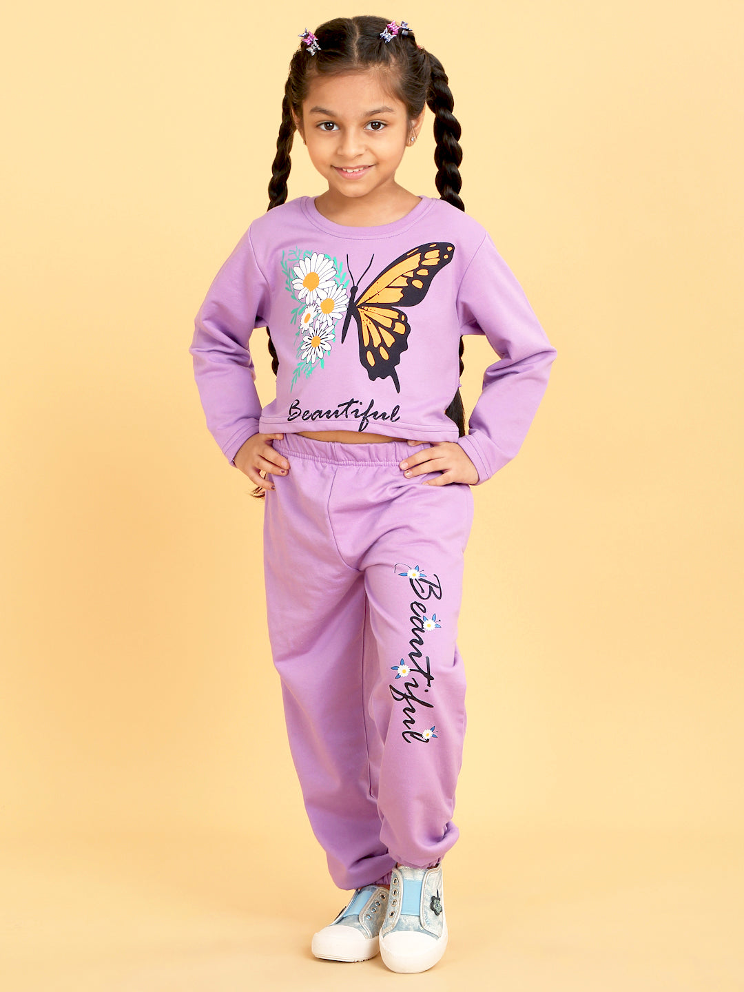 Trampoline Girls Purple Printed Crop Top with Trackpant