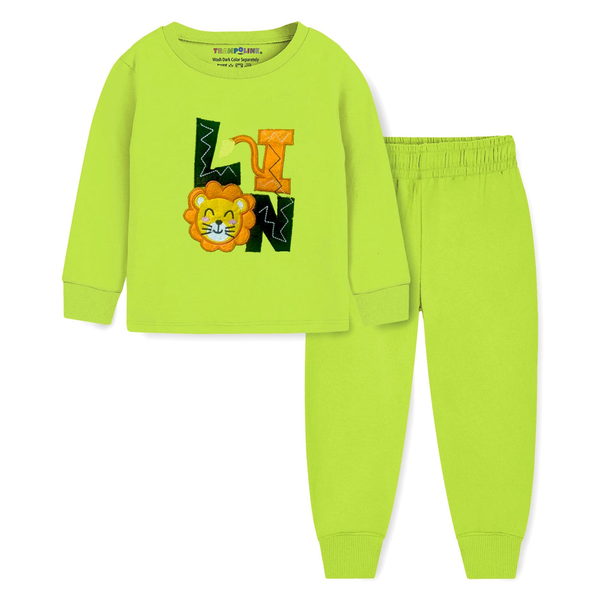 Trampoline Terry Loop Knit Full Sleeves Patch Work Printed Tee And Pyjama Set - Green