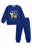 Trampoline Fleece Knit Full Sleeves Tiger Patch Embroidered Printed Winter Sweatshirt & Pajama Set - Blue