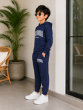 Trampoline Boys Cotton Blend California Print Hooded T-Shirt with Track Pants Set – Navy Blue