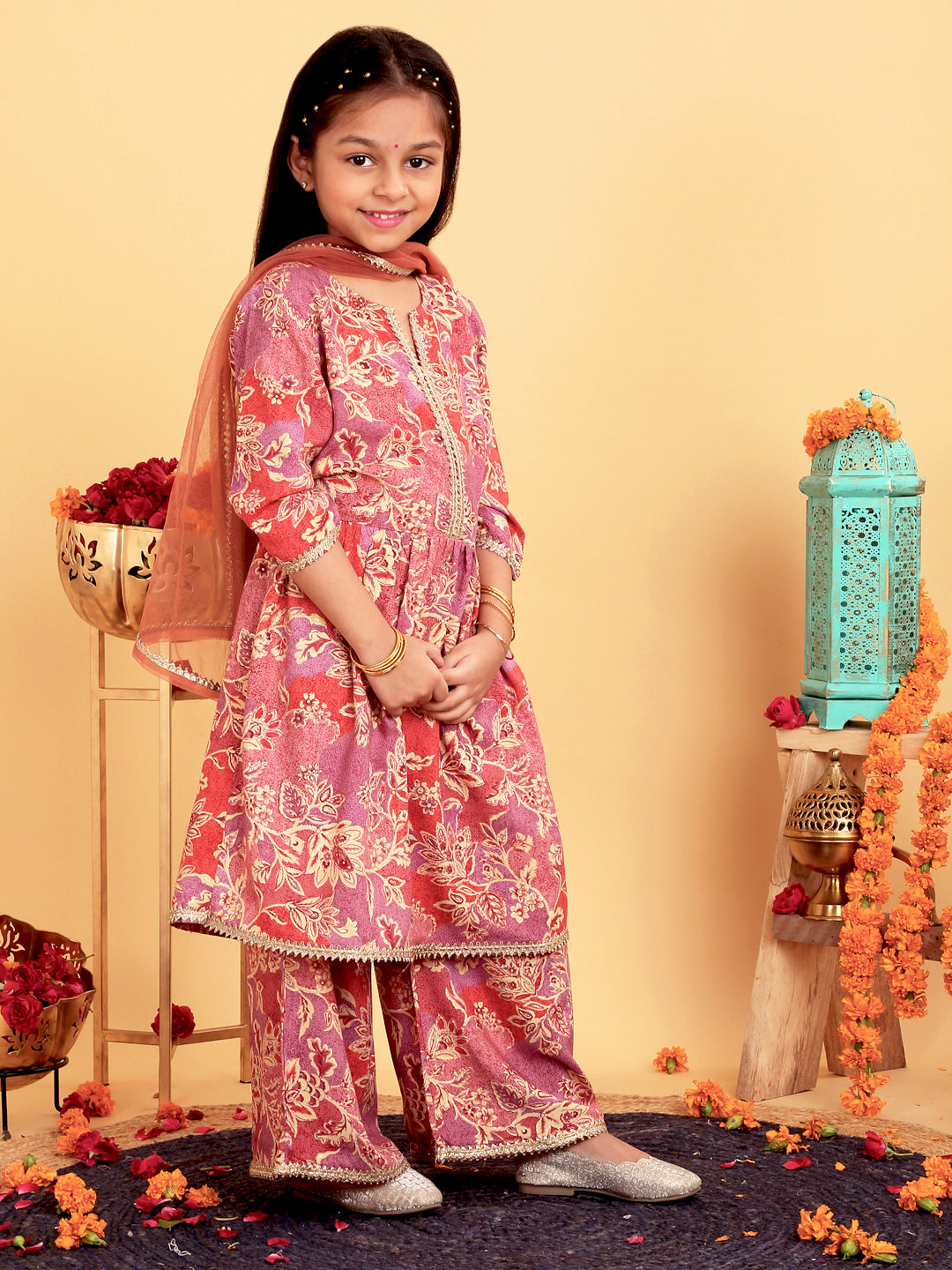 Trampoline Girls Floral Printed Kurta & Palazzo Set With Dupatta
