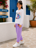 Trampoline Girls Cotton Blend Bubble Strawberry Milk Print T-Shirt & Sweatpants Set – White & Purple