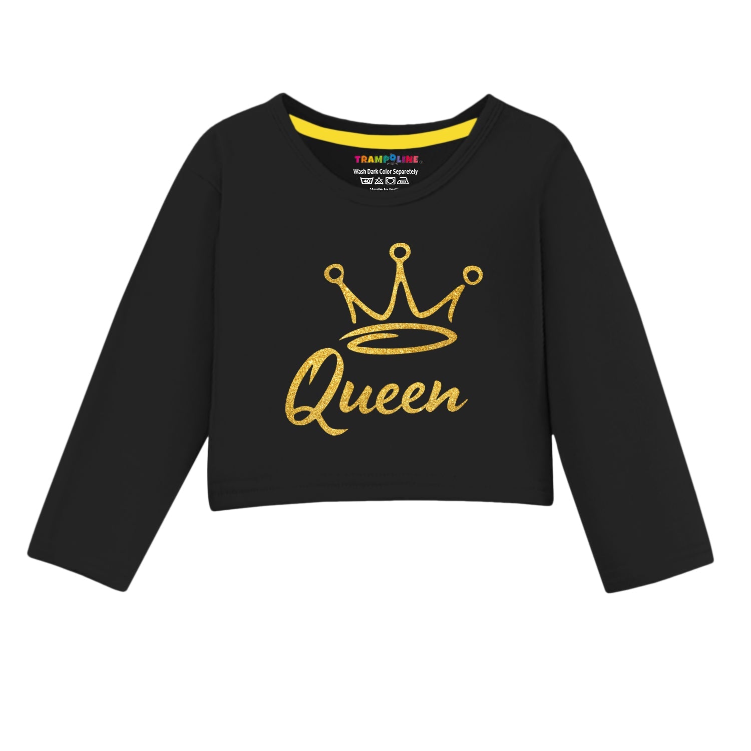 Trampoline Cotton Blend Knit Full Sleeves Queen Text Printed Crop Top & Coordinating Joggers Set - Black