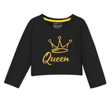 Trampoline Cotton Blend Knit Full Sleeves Queen Text Printed Crop Top & Coordinating Joggers Set - Black
