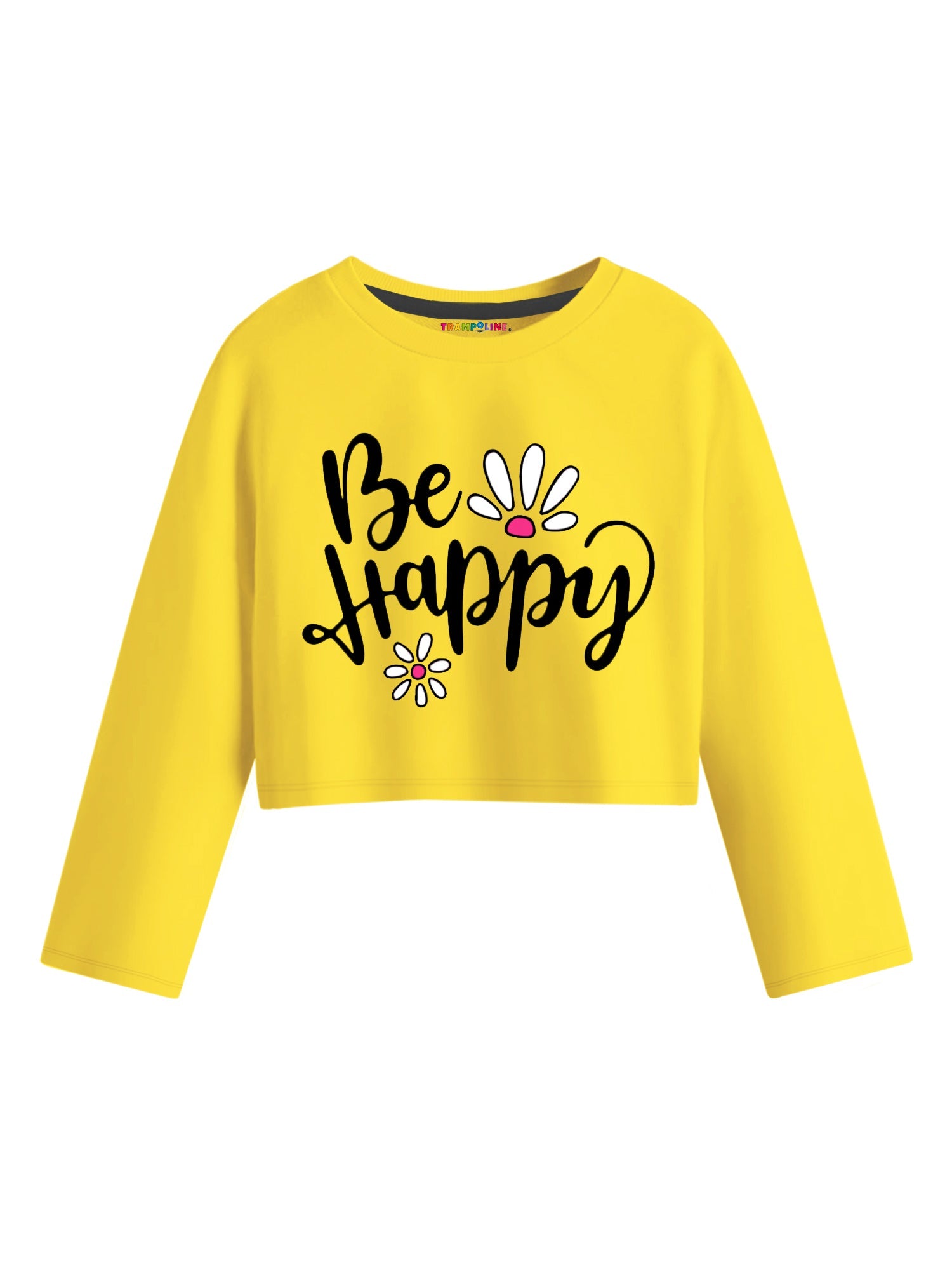 Trampoline Cotton Blend Knit Full Sleeves Be Happy Text Printed Crop Top & Coordinating Joggers Set - Yellow
