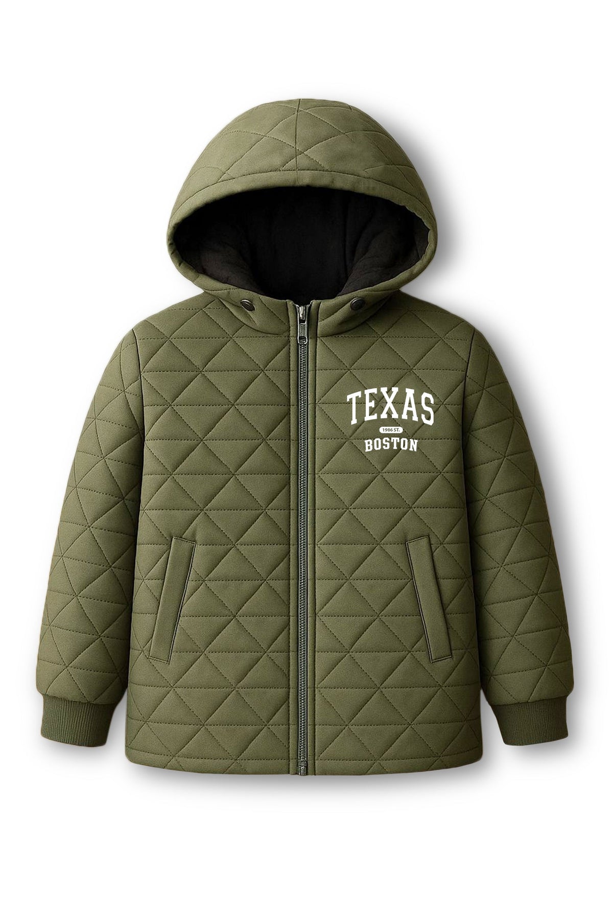 Trampoline Knit Full Sleeves Quilted Winter Hooded Puffer Winter Jacket With 2 Front Pockets - Green