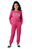 Trampoline Knit Terry loop Full Sleeves Text Printed Crop Top With Coordinating Track Pant Set - Pink