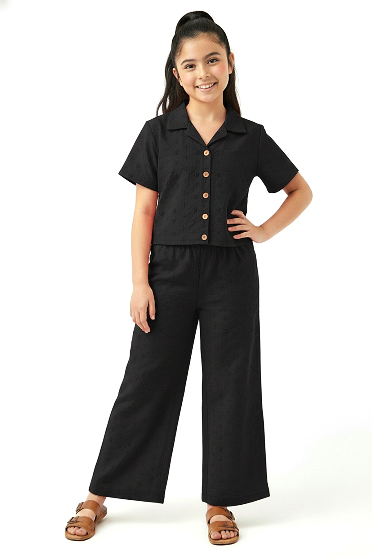 Trampoline Cotton Knit Schiffli Top with Trousers Clothing Set - Black