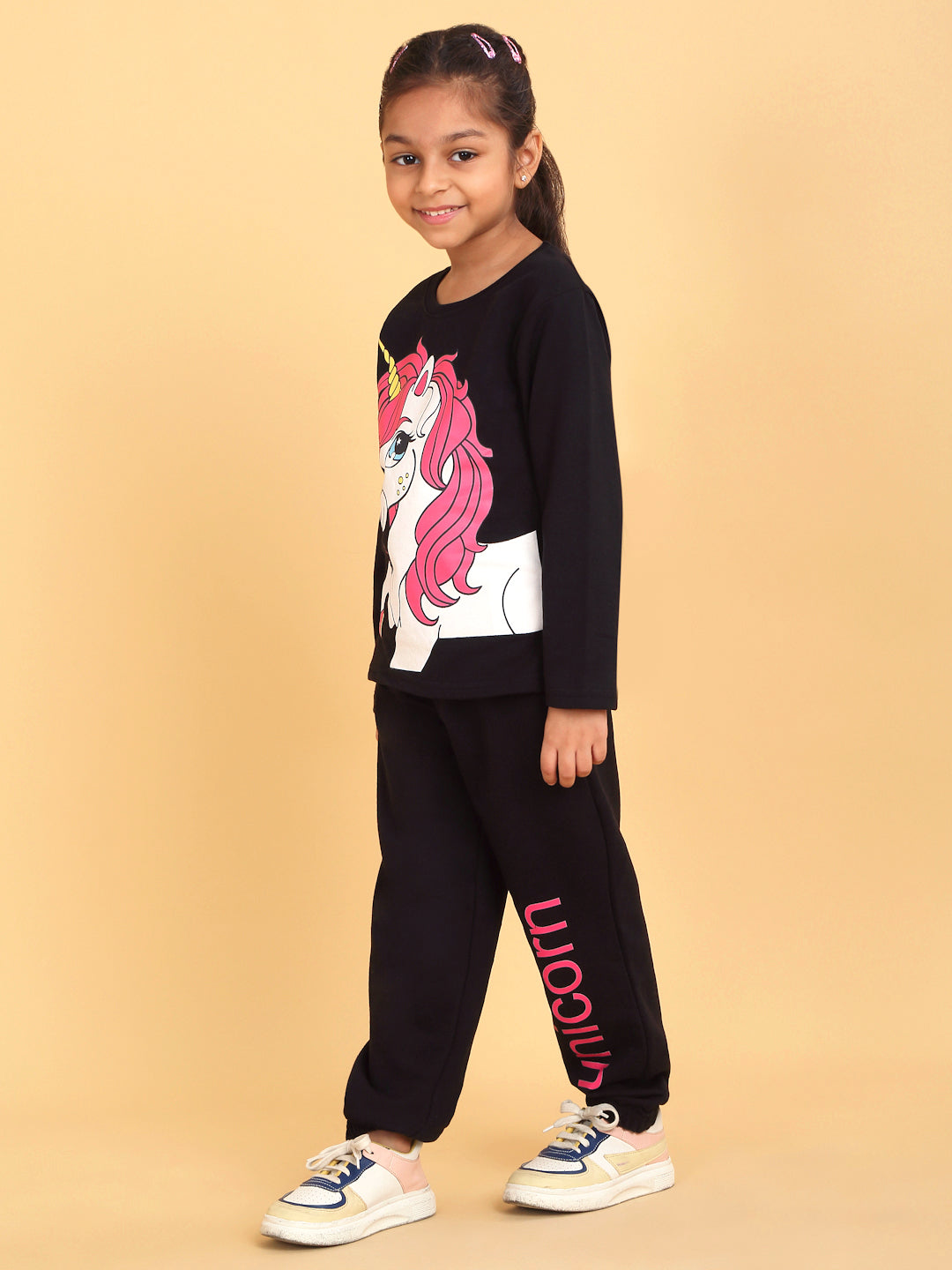 Trampoline Girls Black Printed Tshirt with Trackpant