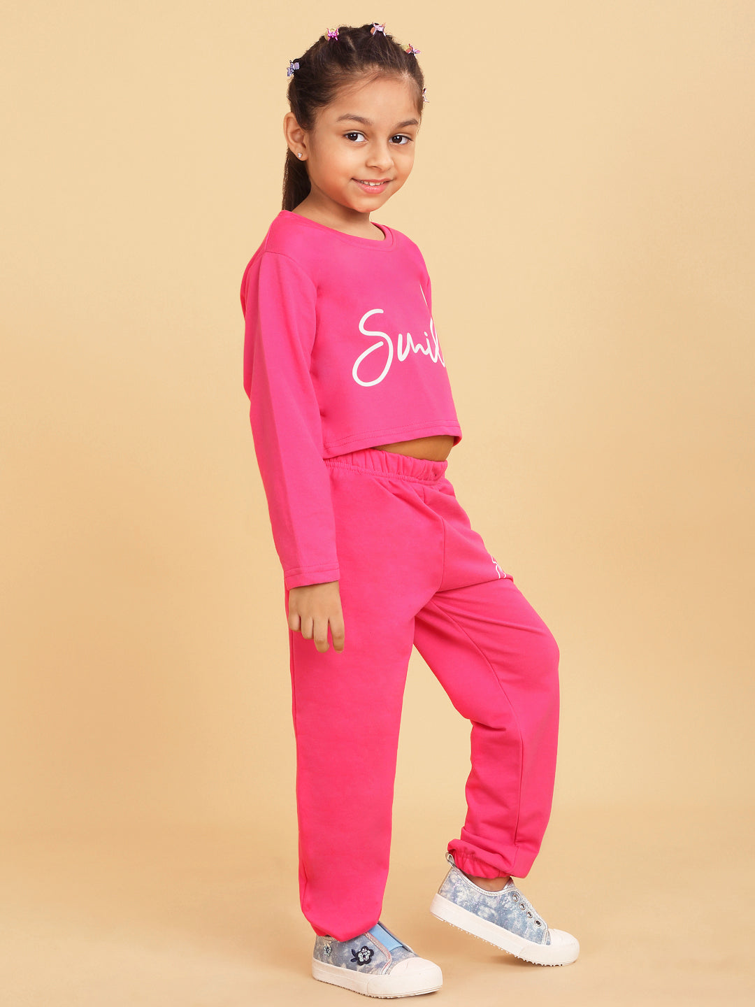 Trampoline Girls Pink Printed Crop Top with Trackpant
