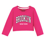 Trampoline Knit Terry loop Full Sleeves Text Printed Crop Top With Coordinating Track Pant Set - Pink