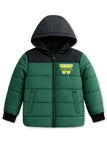 Trampoline Knit Full Sleeves Colorblock Puffer Winter Jacket With 2 Front Pockets - Green & Black