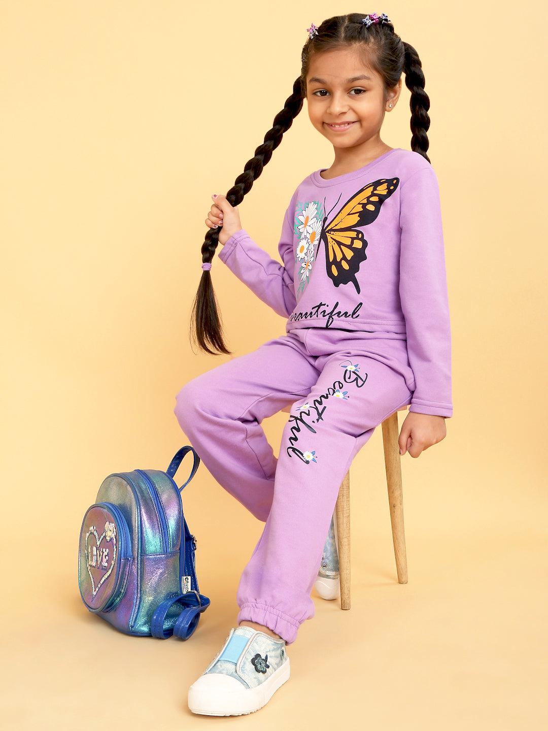 Trampoline Girls Purple Printed Crop Top with Trackpant