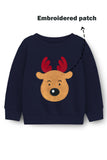 Trampoline Fleece Knit Christmas Theme Sweatshirt With Cute Embroidered Reindeer Patch - Navy Blue