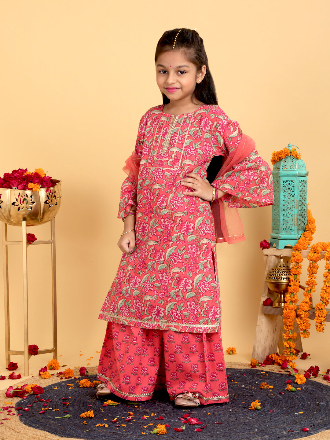 Trampoline Girls Floral Printed Kurta & Sharara Set With Dupatta